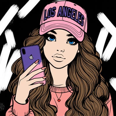 realistic beautiful girl wearing los ángeles cap holding an iphone