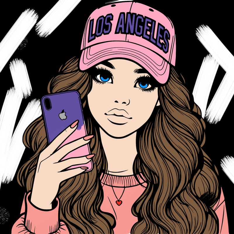 realistic beautiful girl wearing los ángeles cap holding an iphone