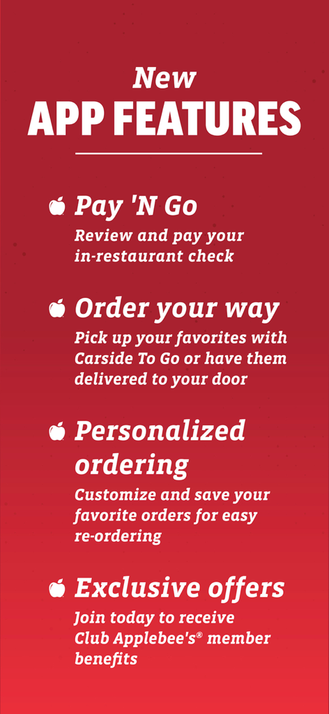 List of new Applebees app features including Pay N Go carside pickup delivery and personalized ordering