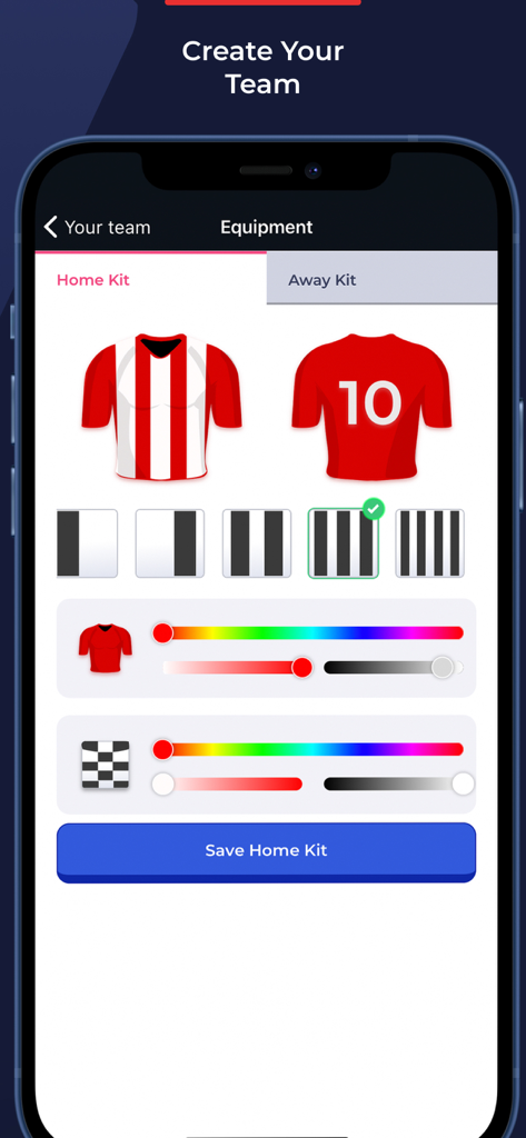 4league - Tournament Maker - Una pantalla móvil para personalizar los patrones y colores de las camisetas de los equipos deportivos