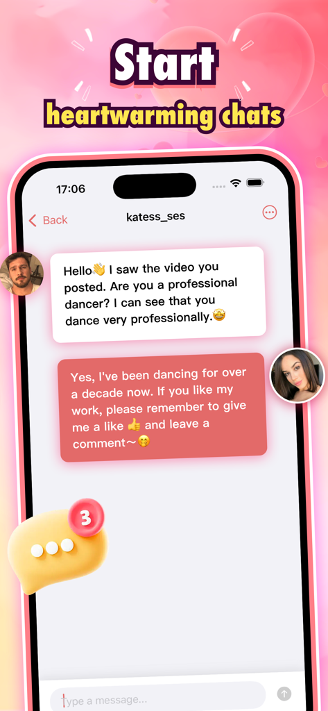 Reta - Dance Video Sharing - Una pantalla móvil que muestra una interfaz de chat donde los bailarines se conectan y discuten sus habilidades profesionales en la aplicación Reta.