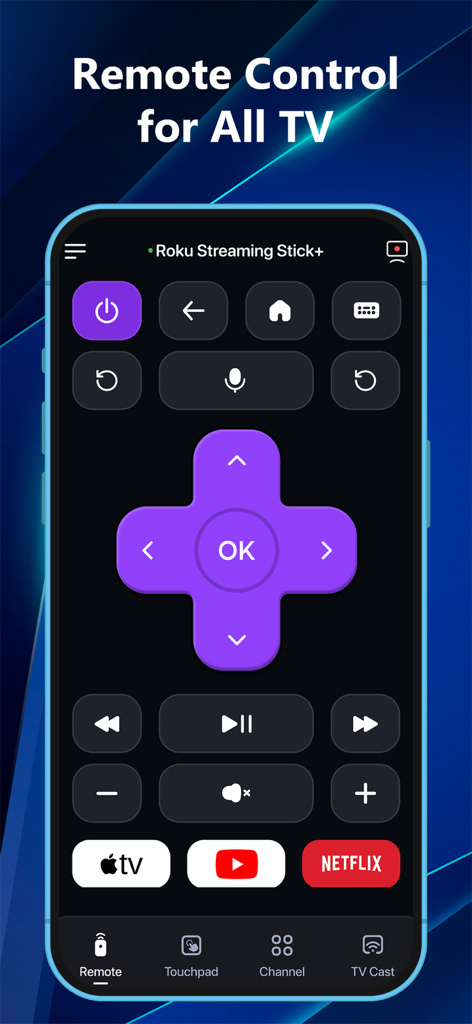 Universal TV remote app interface showing Roku control buttons and streaming shortcuts