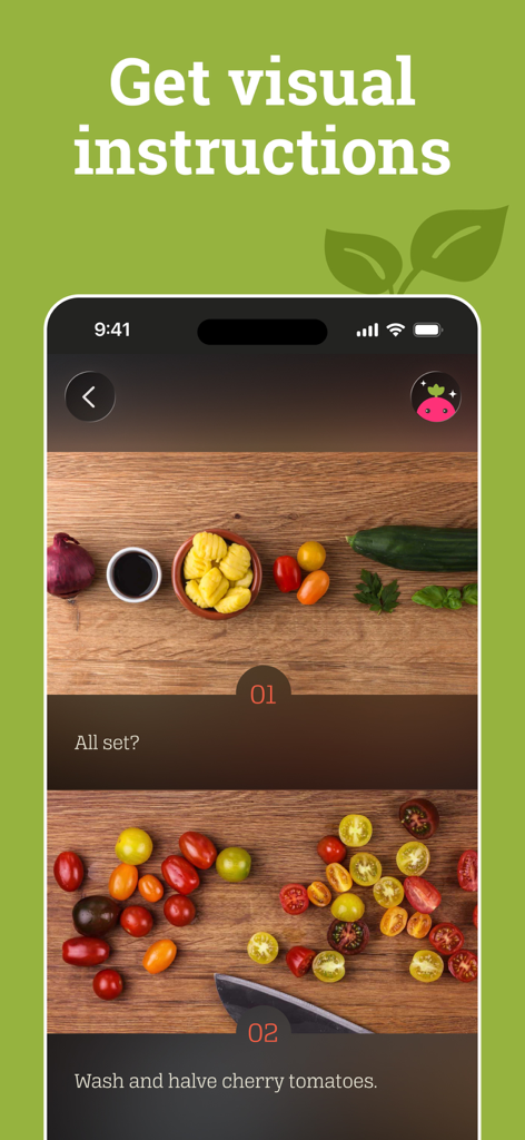 KptnCook-App-Oberfläche, die visuelle Schritt-für-Schritt-Kochanleitungen mit Fotos von Zutaten und der Zubereitung von Speisen zeigt