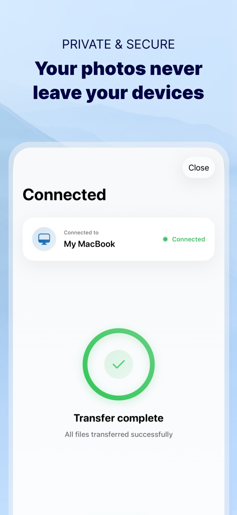 Confirmation screen showing a successful and secure photo transfer between an iPhone and a MacBook over a private WiFi network
