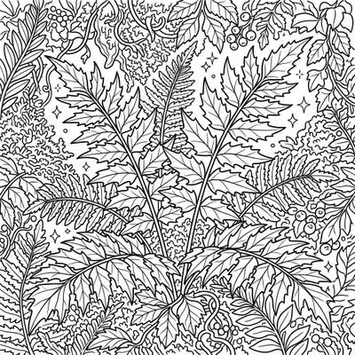 Dive into the intricate details of a full scene botanical illustration featuring elegant holly ferns and lush foliage. This complex design offers a truly immersive coloring experience for nature lovers.