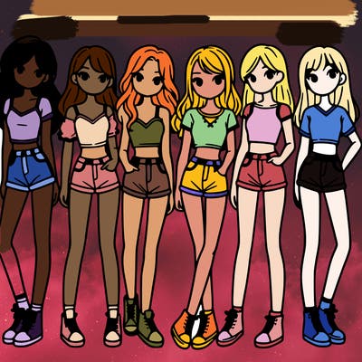a group of girls wearing crop tops and shorts