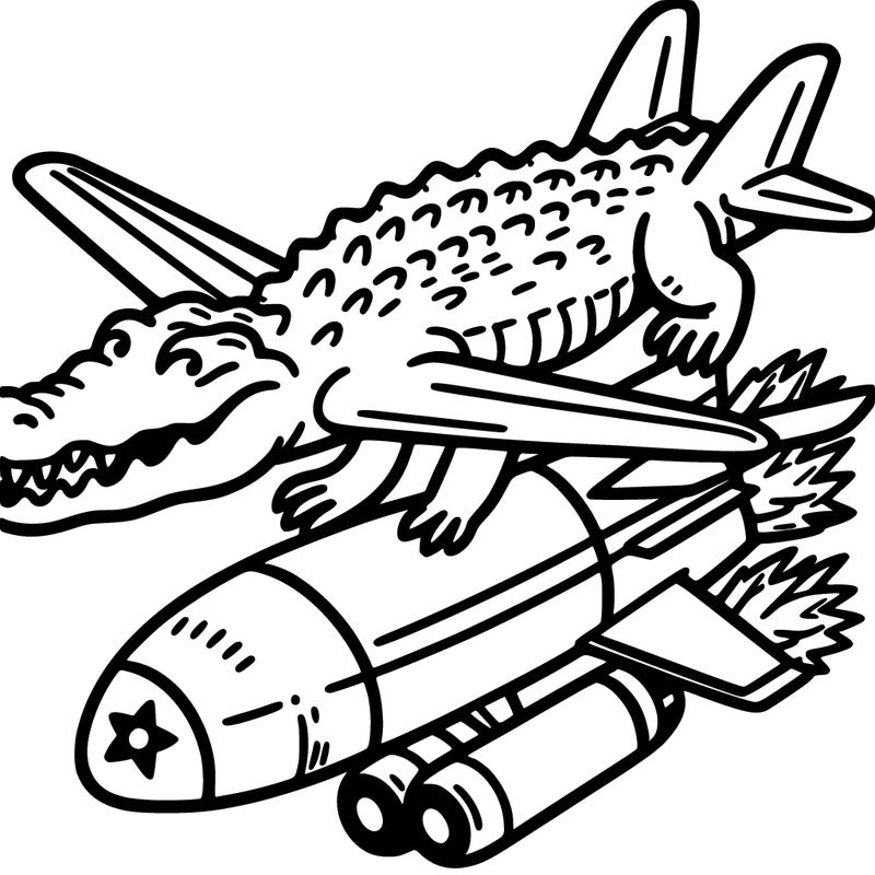 crocodile mixed with airplane with a nuke below it