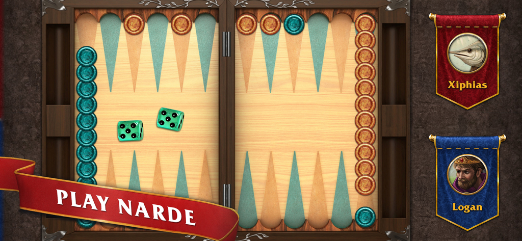Backgammon Masters - Un tablero digital de backgammon que muestra el modo de juego Narde con fichas de color verde azulado y naranja y dados verdes.