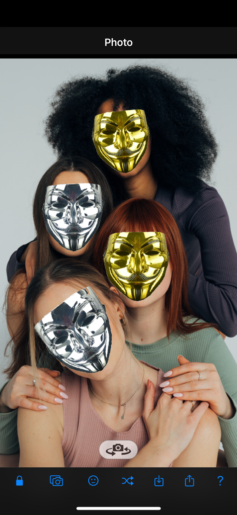 AR Mask - Four friends using the AR Mask app to apply gold and silver metallic face masks to their group photo