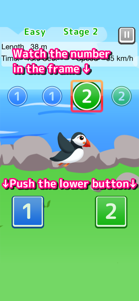 Pata-Pata Bird 2 - Gameplay screenshot of Pata-Pata Bird 2 showing a puffin and instructions to match numbers for brain training.
