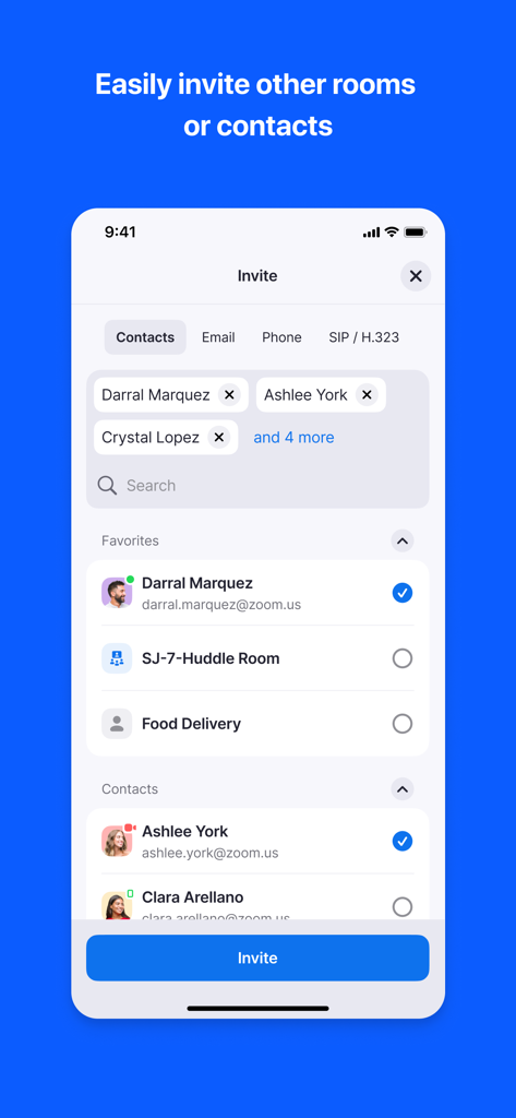 Zoom Rooms app interface showing a list of contacts and rooms to invite to a meeting.