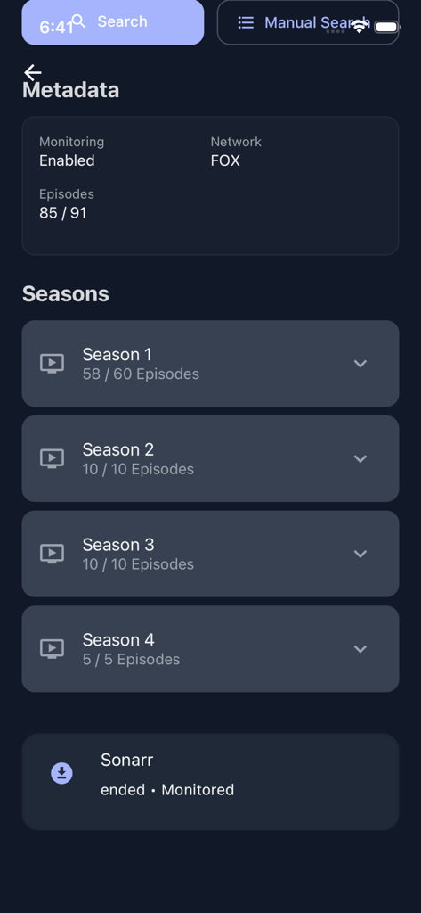 ServerrSeerr - Interface de l'application ServerrSeerr affichant les métadonnées d'une série télévisée et le suivi des épisodes de la saison