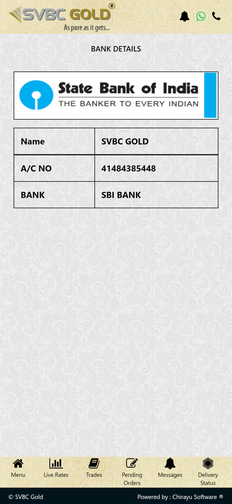 Screen showing bank account details for SVBC GOLD with State Bank of India information