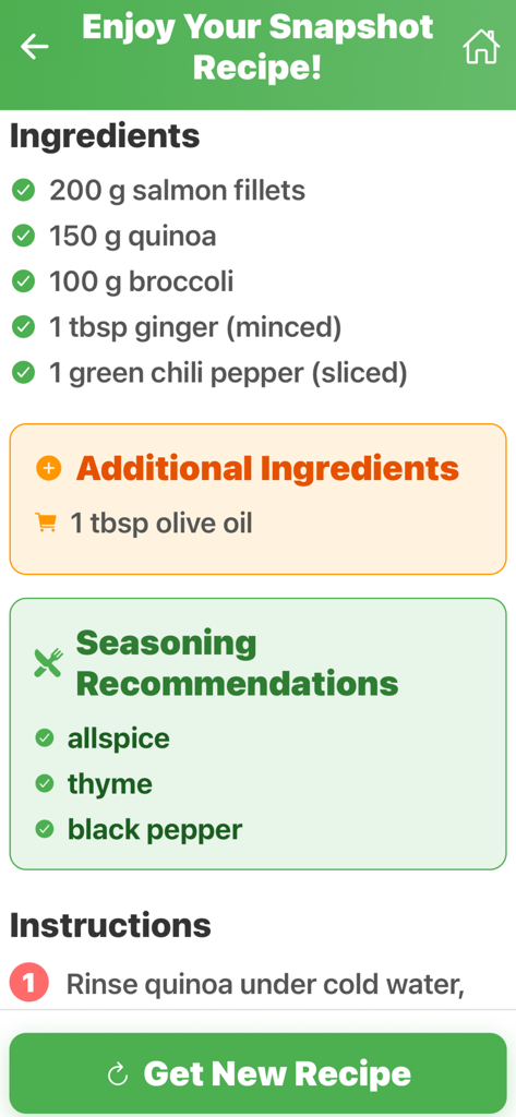 Interfaz de la aplicación Recetas Instantáneas mostrando una receta de salmón y quinoa con cantidades de ingredientes y recomendaciones de condimentos