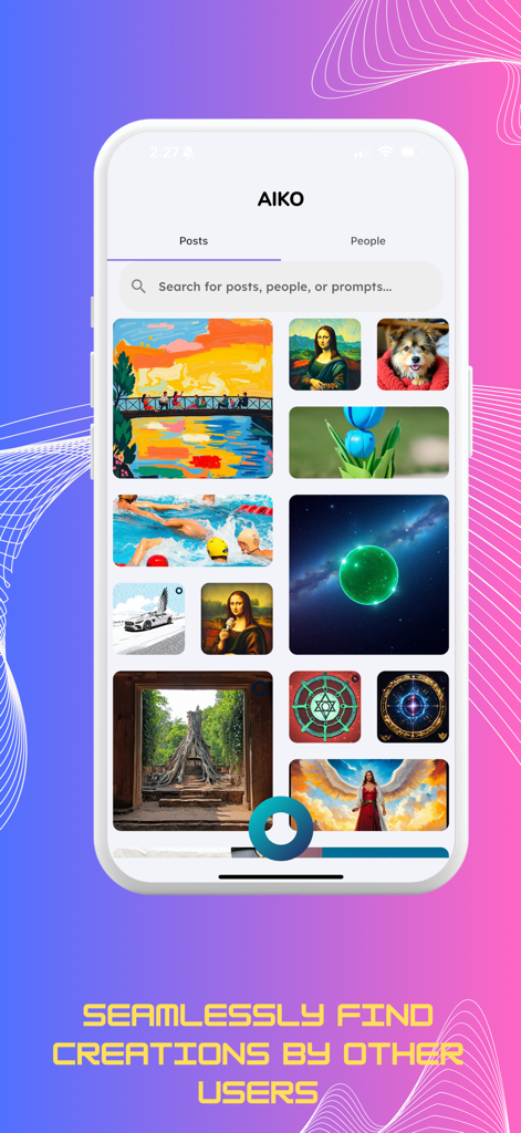 Schermata dell'app mobile Aiko che mostra un feed di scoperta di opere d'arte generate dall'AI e una barra di ricerca per post e persone