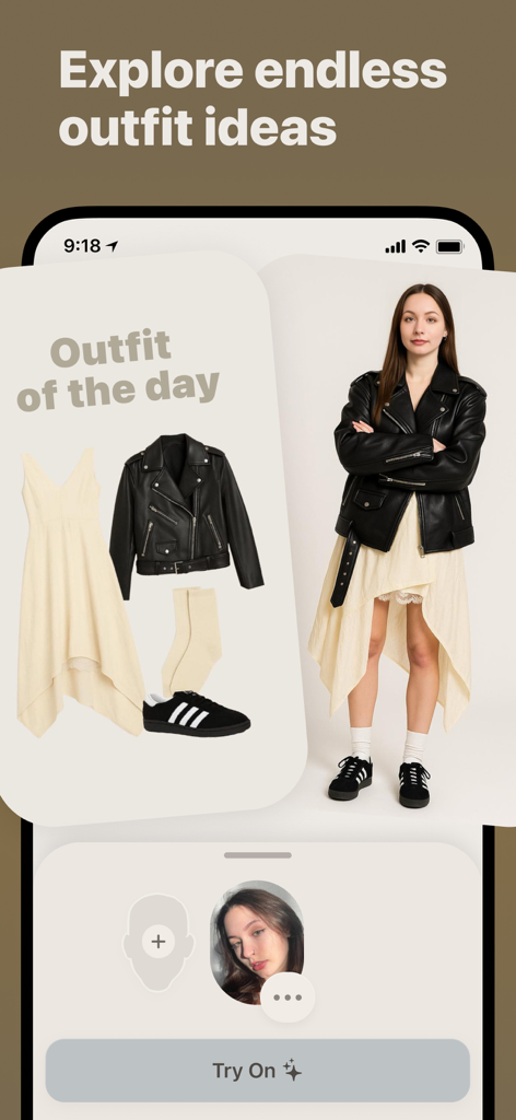 Aesty: AI Outfit Maker - Aesty app interface displaying daily outfit ideas and a virtual try on preview