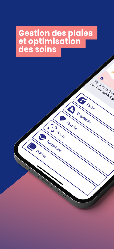 Menu principal de l'application mobile e-Pansement présentant les catégories de gestion des plaies et de dispositifs médicaux