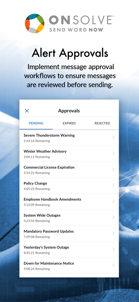 The Alert Approvals screen of the OnSolve Send Word Now Mobile app showing a list of pending alerts for weather and system outages.