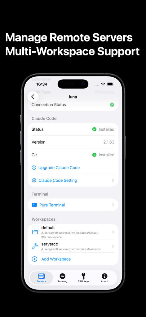 ServerCC app interface for managing remote servers and workspaces on mobile
