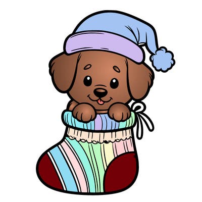 cute puppy wearing santa hat in socking