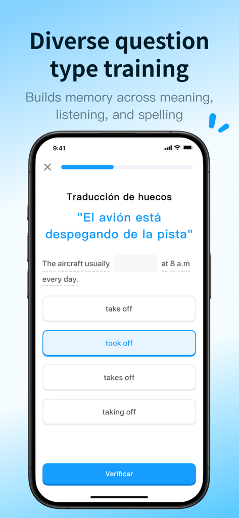 Lingtas – Real World English. - Lingtas mobile app screen displaying a fill in the blanks English grammar quiz for Spanish speakers
