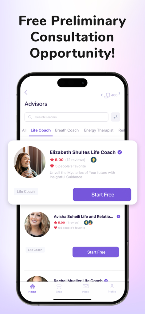 Smartphone screen showing the Binnaz app advisor list with a free preliminary consultation offer for life coaches.