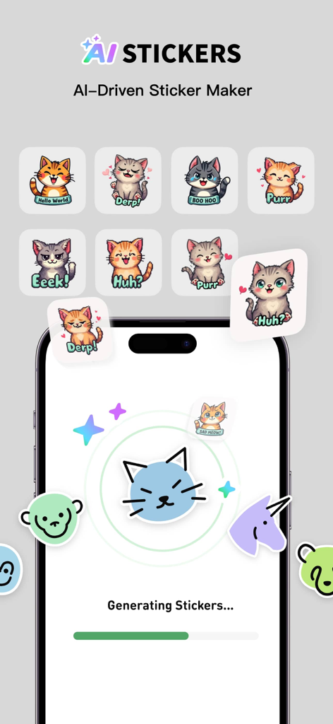 Interface of the WhizAI for WA app showing an AI-driven sticker maker with various cat character stickers