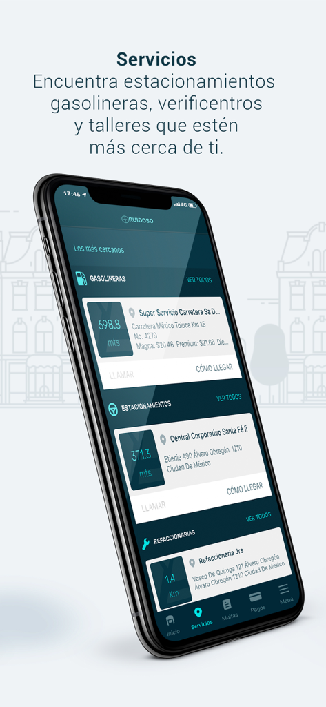 Auto Chilango - Bildschirm für nahegelegene Dienste in der Auto Chilango App mit Tankstellen und Parkplätzen