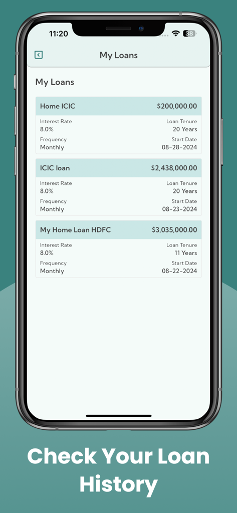 LoanQuantum - Interfaz de la aplicación móvil LoanQuantum que muestra una lista de préstamos hipotecarios guardados con tasas de interés y plazos de pago