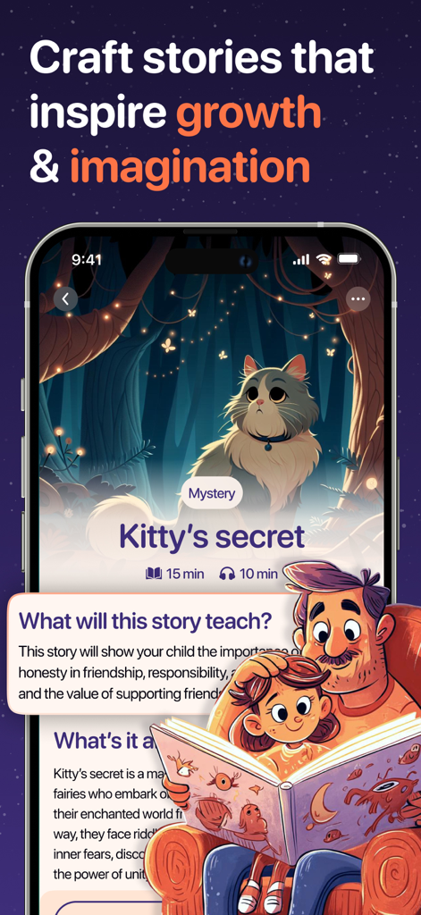 A phone screen displaying Dreamoria app with a story titled Kittys Secret and a father reading to his child