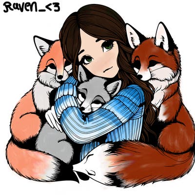 realistic, looking girl hugging, foxes