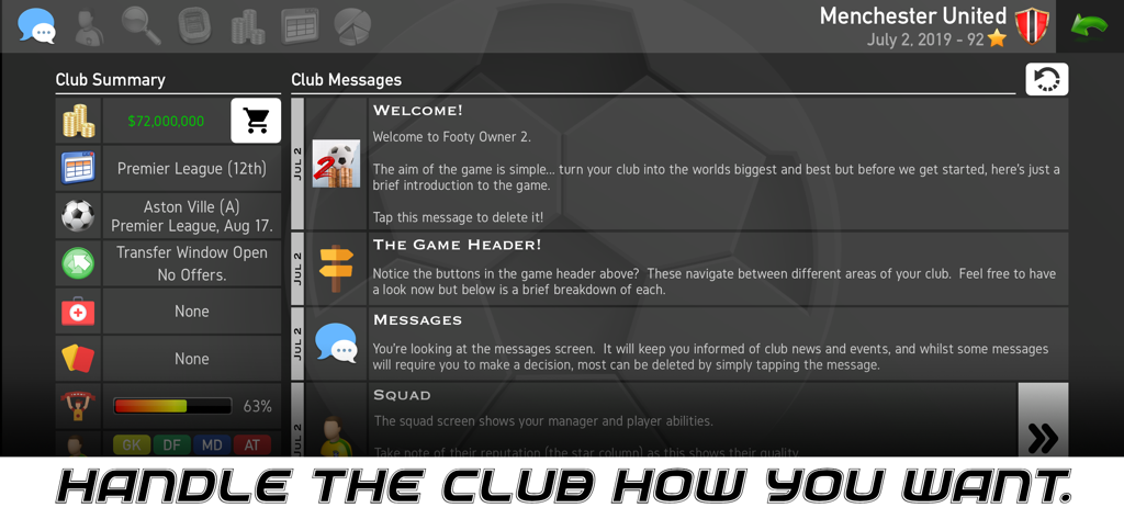 Football Owner 2 club management interface displaying team finances and welcome messages.