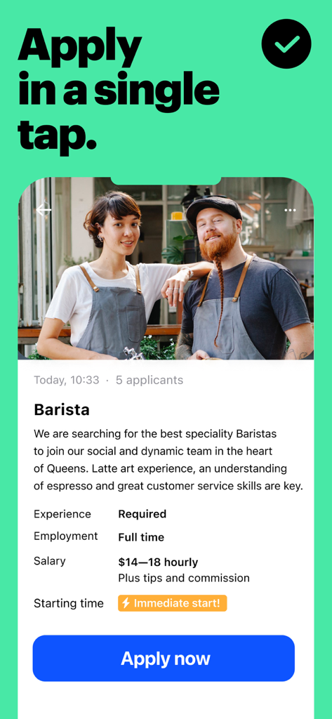 JOB TODAY: #1 Hiring App - Schermata dell'app JOB TODAY che mostra un'offerta di lavoro per barista con un pulsante Candidati ora