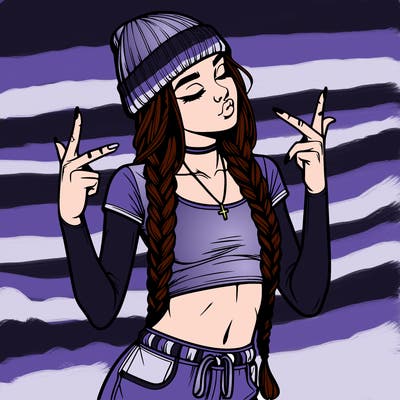 realistic teenage girl with braids and a beanie and crop top doing 🫶🏼