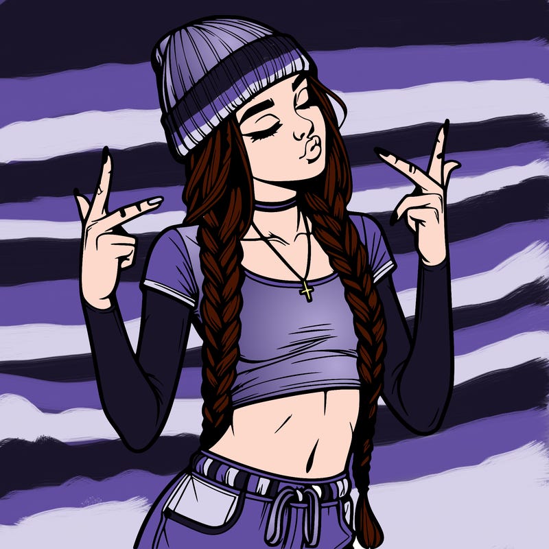 realistic teenage girl with braids and a beanie and crop top doing 🫶🏼