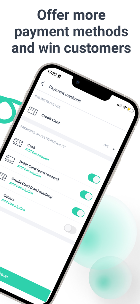 Kyte: Online Catalog and Store - Interfaz de la app Kyte para gestionar los métodos de pago del negocio, incluyendo efectivo y lectores de tarjetas