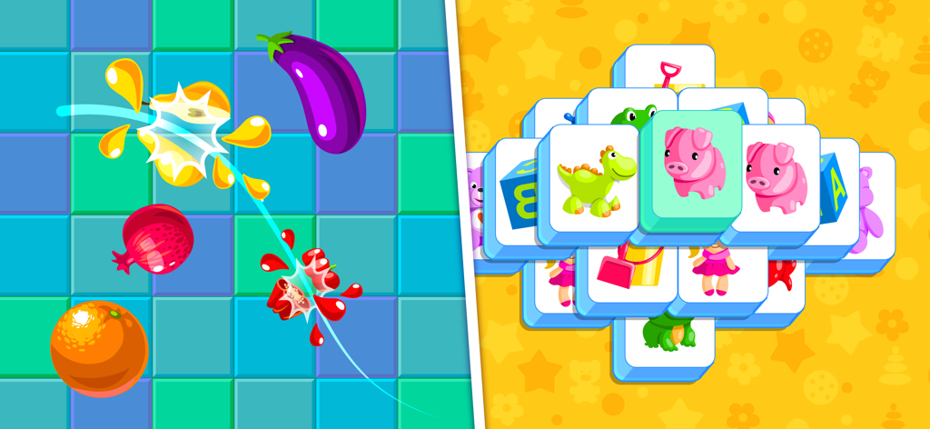 Split screen showing fruit slicing and toy mahjong mini games in Supermarket Game 2