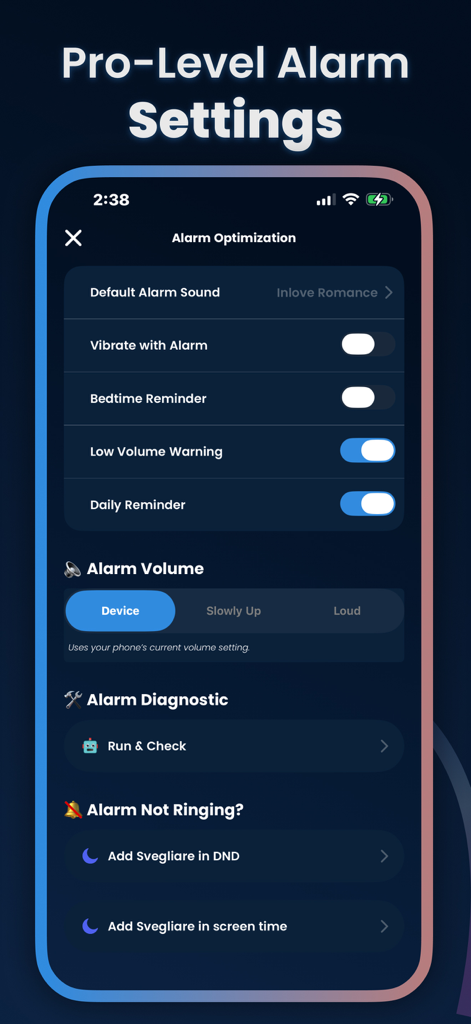 Alarm Clock Svegliare - Interface of the Alarm Clock Svegliare app showing advanced settings and optimization options for heavy sleepers