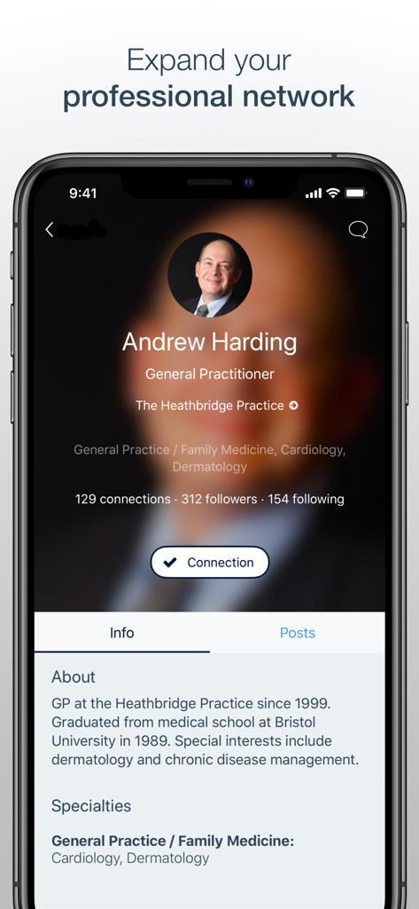 MedShr: The App for Doctors - A medical professional profile on the MedShr app showing doctor credentials and network connections