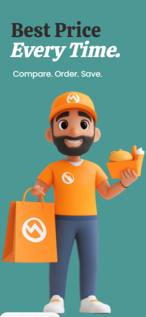 A 3D cartoon delivery man holding a food bag and tray with the text Best Price Every Time Compare Order Save