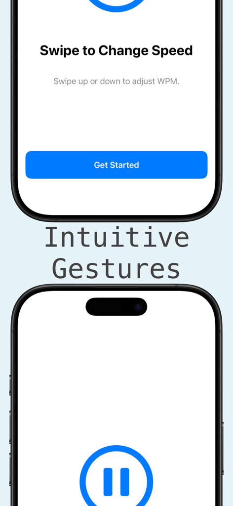 Glance - Epub Speed Reader - Mobile app interface showing intuitive gestures to swipe up or down to adjust reading speed and a large pause button