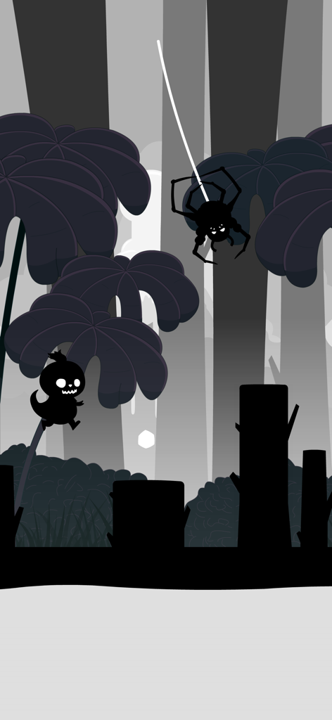 Dino T-Rex Endless Runner Game - 森のレベルでぶら下がっているクモの障害物を飛び越える、シルエットのT-レックス恐竜。