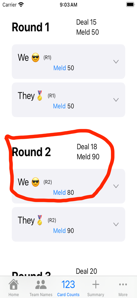 Hearts Samba Scoring - Interfaz de la aplicación Hearts Samba Scoring que muestra los detalles de la segunda ronda y las puntuaciones de los equipos.