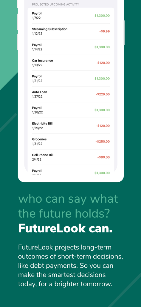 DCU Digital Banking - Screenshot of the DCU Digital Banking app showing the FutureLook feature which forecasts upcoming financial activity and bills