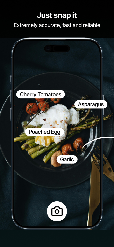 Calorie Tracker - CalorieCam - App CalorieCam che utilizza l'IA per identificare alimenti come uova in camicia e asparagi per il monitoraggio delle calorie.