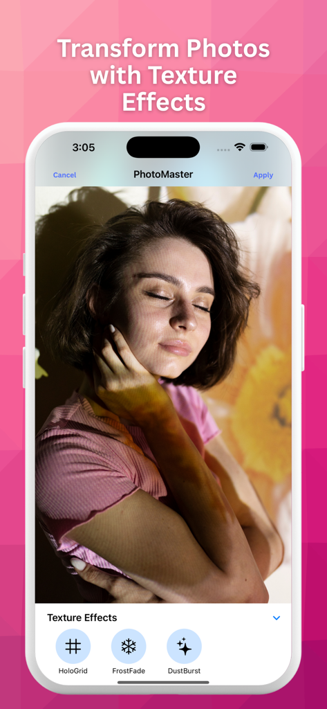 La aplicación PhotoMaster mostrando efectos de textura como HoloGrid y FrostFade para edición de fotos