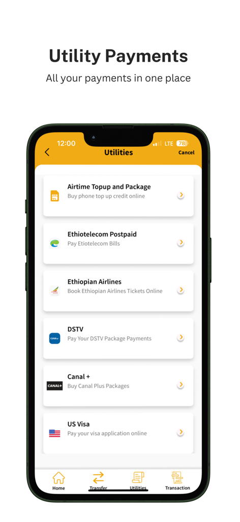 BoAMobile - La interfaz de pagos de servicios públicos de la aplicación BoAMobile mostrando opciones para recarga de tiempo aire y pago de facturas.