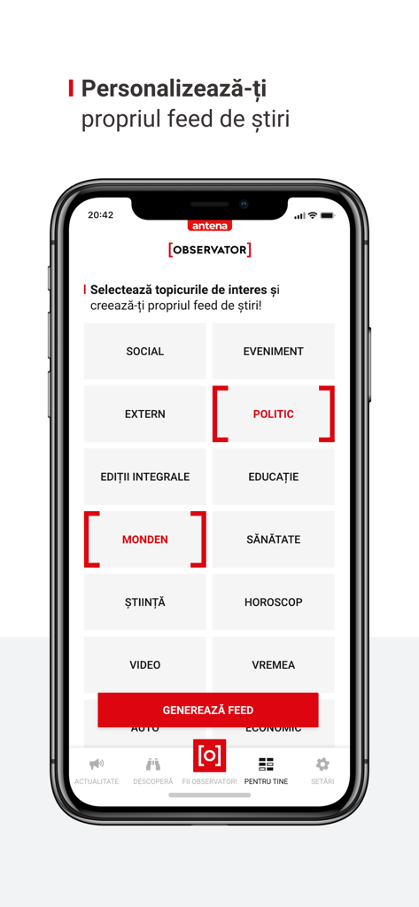 Interfaz de la aplicación Observator News que muestra la selección de temas para un feed de noticias personalizado
