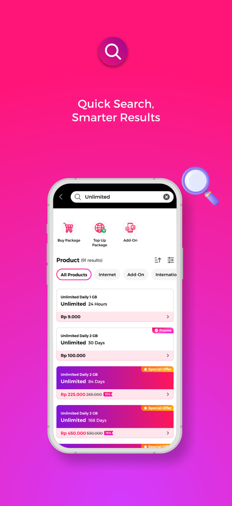 MySmartfren app search screen showing various unlimited data package options and prices