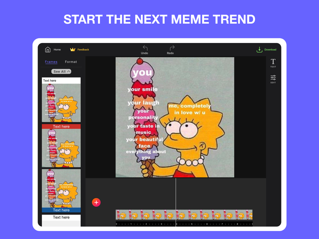 Interface of the Memes Photo Maker Video Editor app on iPad showing a Lisa Simpson meme template